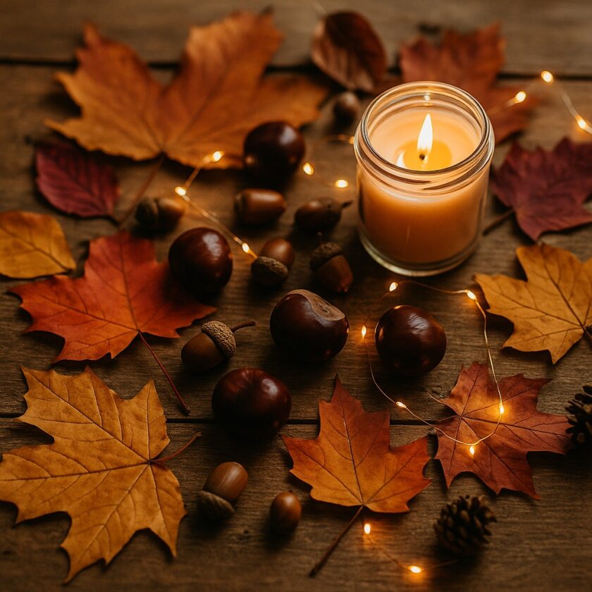 A lit candle in a glass jar is surrounded by autumn leaves, conkers, acorns, pine cones, and glowing fairy lights on a rustic wooden surface.