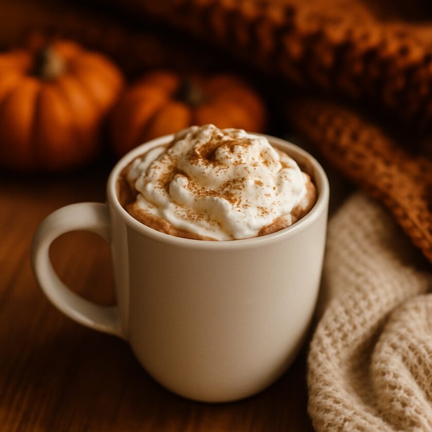 A white mug filled with a hot beverage topped with whipped cream and sprinkled cinnamon, surrounded by cosy knitted blankets and small pumpkins on a wooden surface.