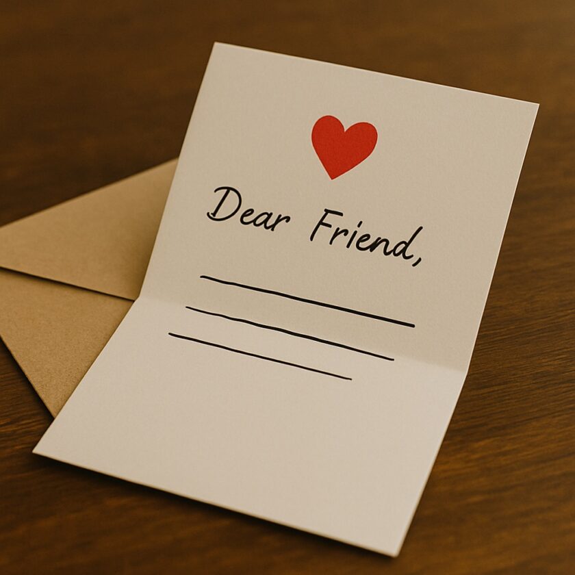 An open greeting card with a red heart at the top, reading Dear Friend, followed by three blank lines, resting on a brown wooden surface with a matching brown envelope underneath.