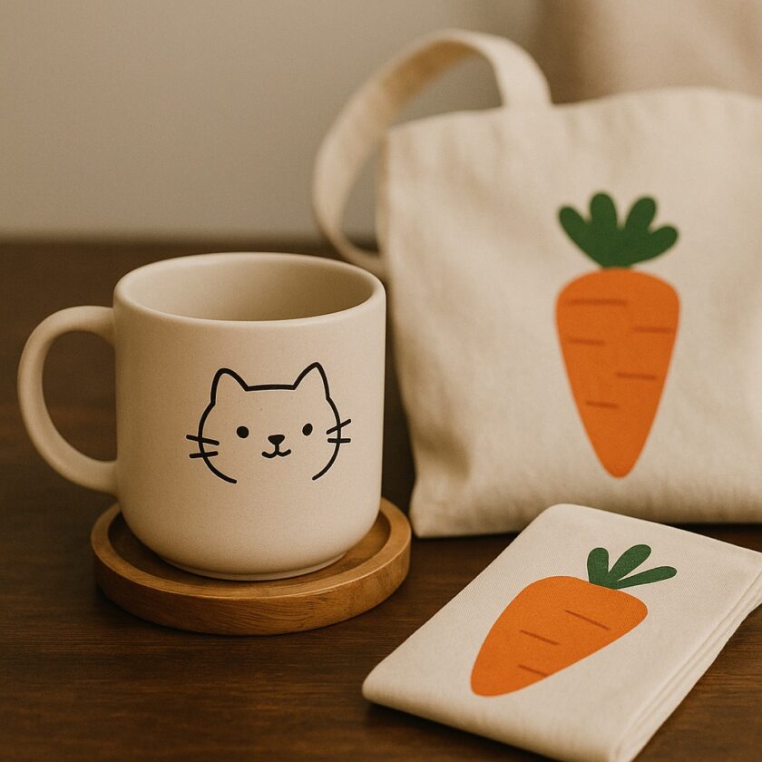 A beige mug with a simple cat face illustration sits on a wooden coaster next to a beige tote bag and a matching pouch, both featuring an orange carrot with green leaves. The items are on a brown surface.