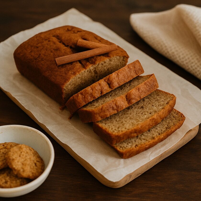 A loaf of sliced banana bread garnished with cinnamon sticks sits on baking parchment atop a wooden board, with a small dish of biscuits and a folded towel nearby.