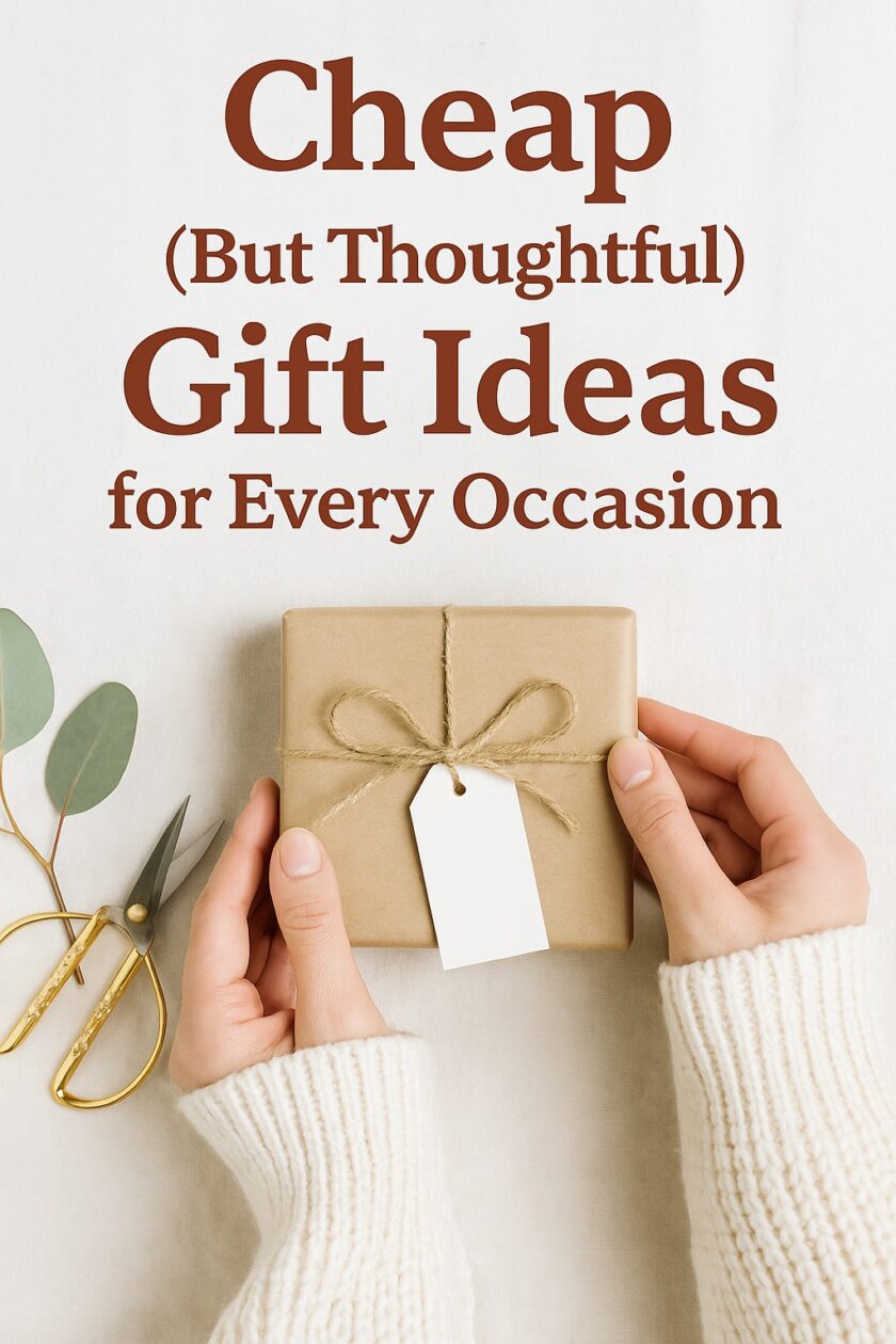A person in a cream jumper holds a small, brown paper-wrapped present with a blank tag; gold scissors and green leaves are nearby. Text reads: “Cheap (But Thoughtful) Gift Ideas for Every Occasion.”.