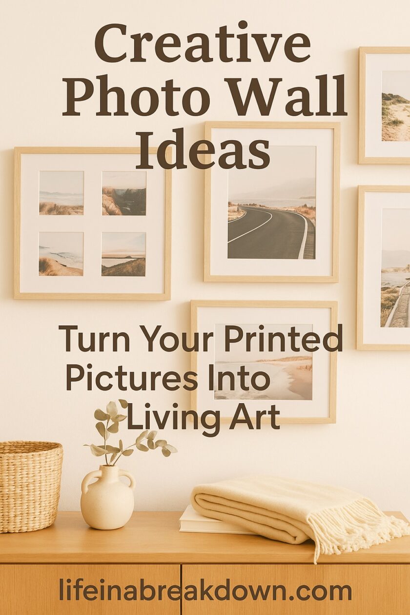 A beige-toned room with framed landscape photos on the wall, a wooden console table below with a woven basket, a vase with dried leaves, and folded blankets. Text reads: Creative Photo Wall Ideas. Turn Your Printed Pictures Into Living Art.