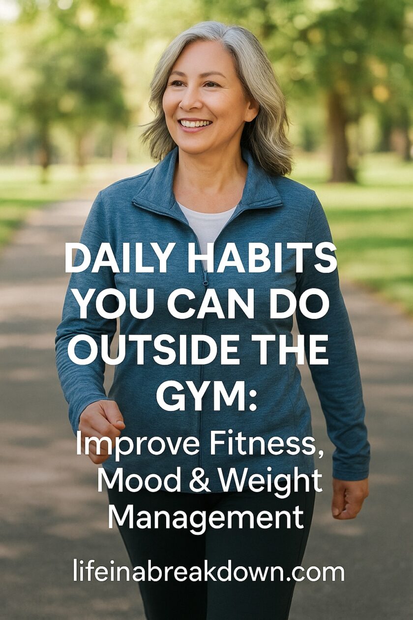 Smiling woman with grey hair walks outdoors in a park, wearing a blue jacket. Text overlay reads: Daily habits you can do outside the gym: improve fitness, mood & weight management. lifeinabreakdown.com.