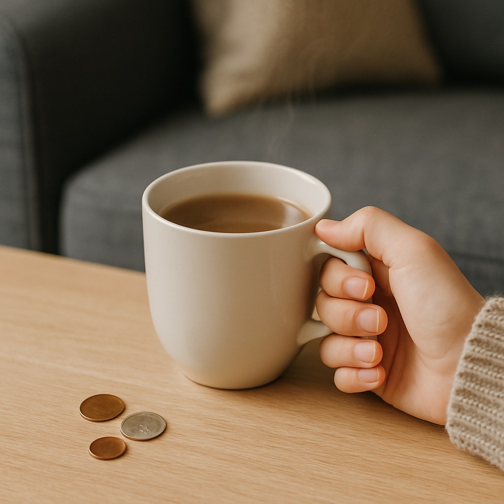 A hand holding a white mug filled with coffee sits on a wooden table, with three coins nearby. A grey sofa with a cushion is blurred in the background.