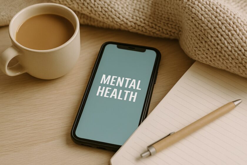 A mobile phone displays the words MENTAL HEALTH on its screen, resting on a wooden surface beside a cup of coffee, a knitted blanket, an open lined notebook, and a pen.