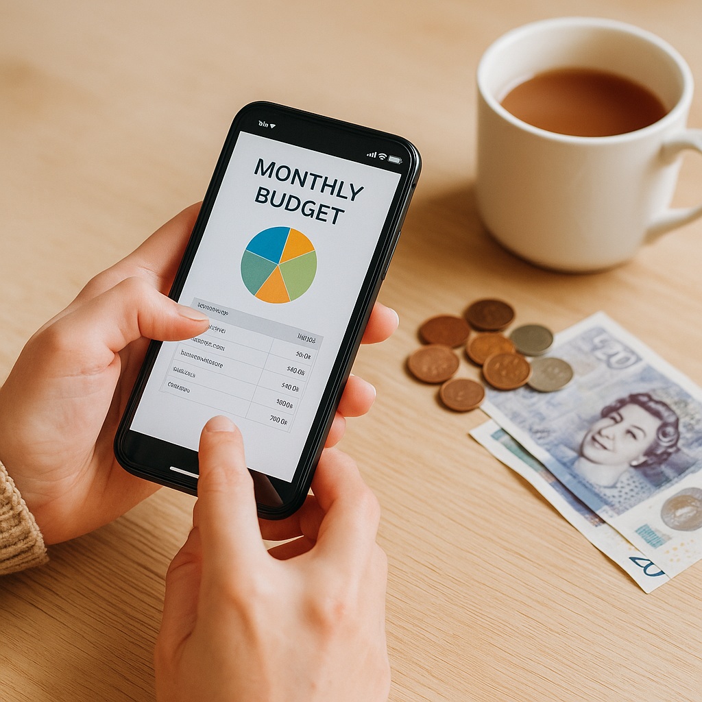 A person holds a mobile phone displaying a monthly budget chart. On the table are British banknotes, coins, and a cup of tea.