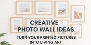 A wall with nine framed landscape photos in light wood frames, arranged in a grid. Text over the image reads: Creative Photo Wall Ideas: Turn your printed pictures into living art.