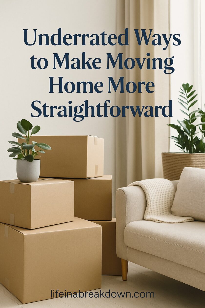 Three cardboard moving boxes and two potted plants are arranged next to a beige sofa in a bright living room. Blue text reads, Underrated Ways to Make Moving House More Straightforward. Website: lifeinabreakdown.com.