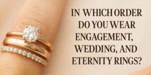 Close-up of a hand wearing three rings: a diamond engagement ring, a plain wedding band, and a diamond eternity ring. Text reads, In which order do you wear engagement, wedding, and eternity rings?.
