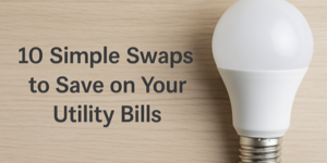 A light bulb next to the text “10 Simple Swaps to Save on Your Utility Bills” on a light wood background.