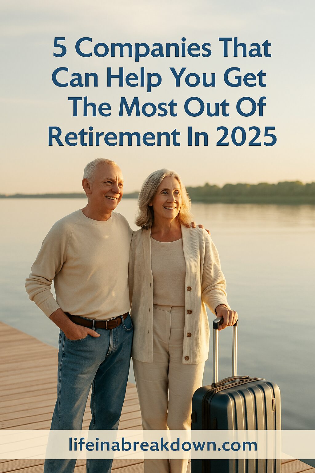 An older couple stands on a dock by the water at sunset, smiling. The woman has her arm around the man and holds a suitcase. Text above them reads, 5 Companies That Can Help You Get The Most Out Of Retirement In 2025.