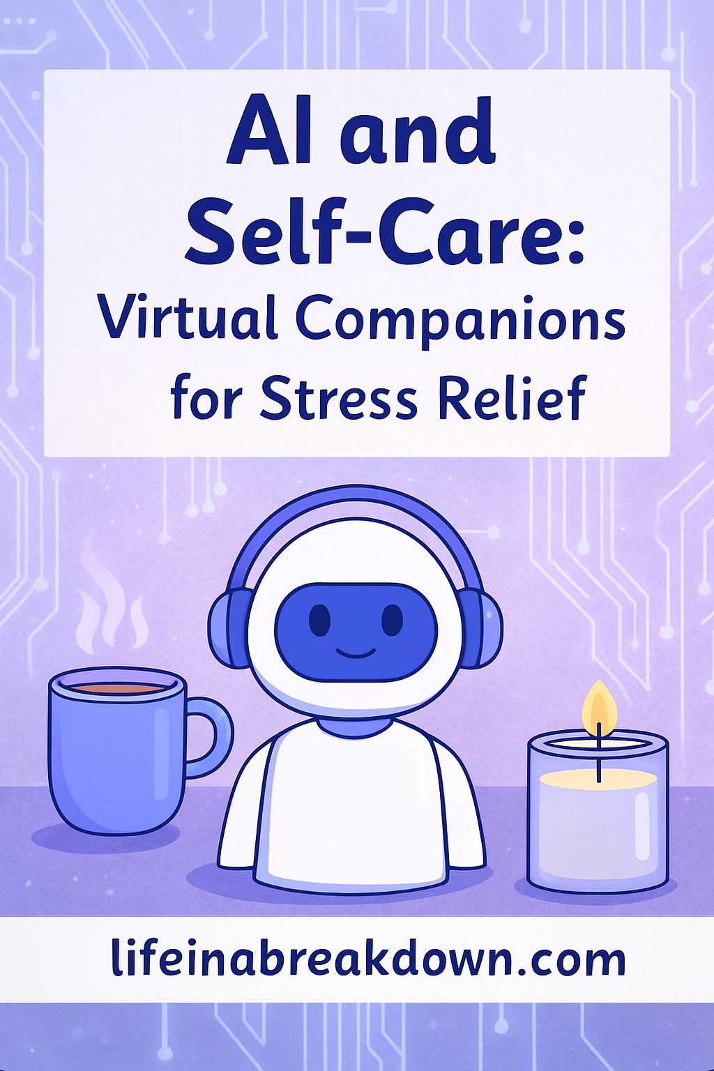 Illustration of a friendly robot wearing headphones, sitting between a steaming mug and a lit candle on a purple background. Text reads: AI and Self-Care: Virtual Companions for Stress Relief.