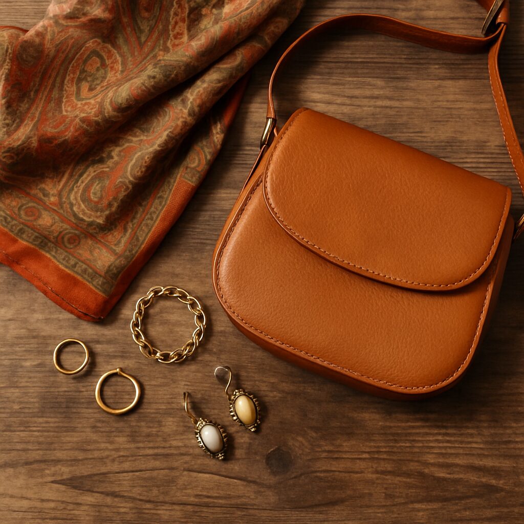 A tan leather crossbody bag, a gold chain bracelet, gold hoop earrings, cameo earrings, and a patterned brown scarf are arranged on a wooden surface.