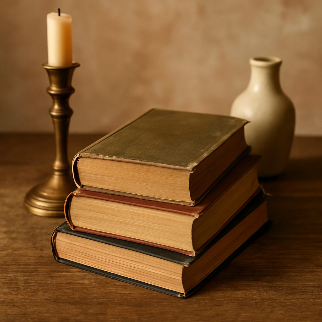 A stack of three vintage books sits on a wooden table next to a lit candle in a brass holder and a small cream-coloured ceramic vase, creating a warm, classic atmosphere.