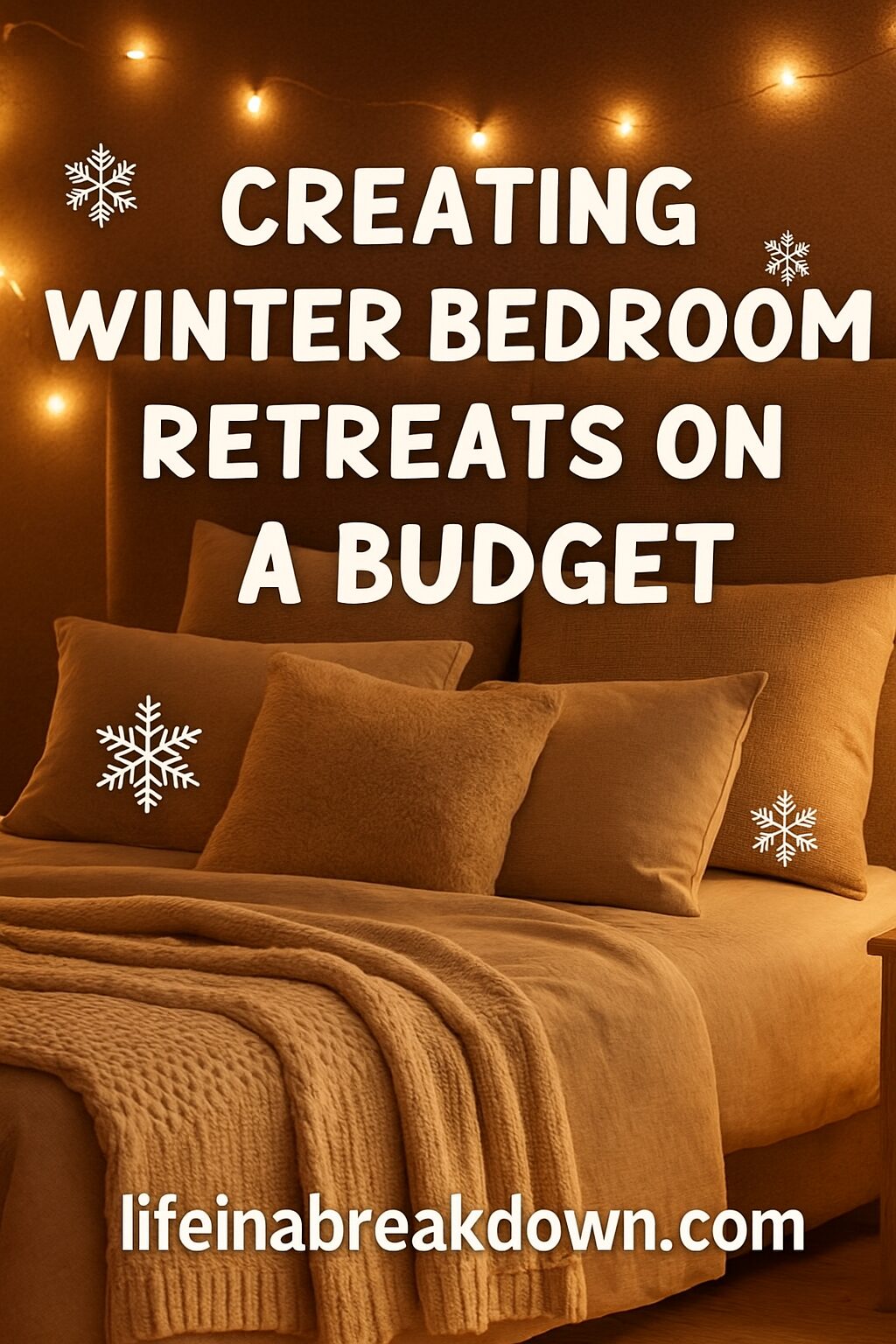 A cosy bedroom with warm brown bedding and pillows, softly lit by fairy lights on the wall. Text on the image reads, “Creating Winter Bedroom Retreats on a Budget.” Snowflakes and a website URL are also shown.