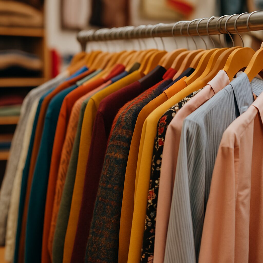 A row of colourful shirts and jumpers on wooden hangers neatly arranged on a clothes rail in a shop, with various patterns and solid colours visible.