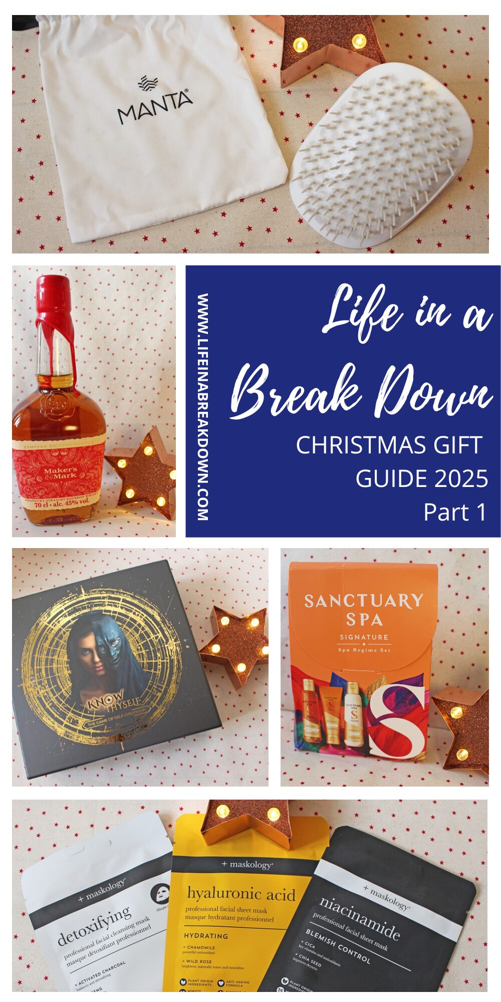A collage featuring gift ideas: a white Manta hair towel, a massage brush, a bottle of bourbon, a Sanctuary Spa gift set, a book titled Koyasan, and three face masks, on festive backgrounds with lights and stars.