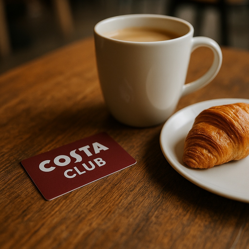 A white mug of coffee, a plate with a croissant, and a Costa Club card are arranged on a wooden table. The background is softly blurred.