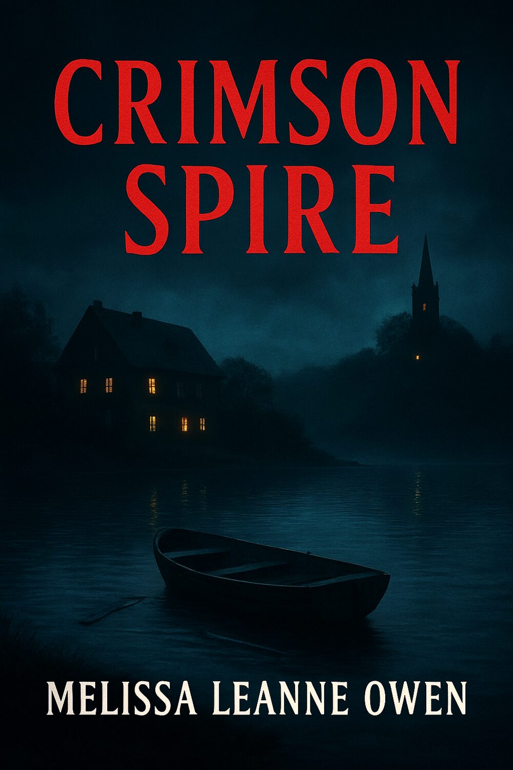 A rowing boat floats on a dark, misty lake at night. A house with lit windows and a distant church with a tall spire are visible in the background. The title Crimson Spire appears in large red letters above.