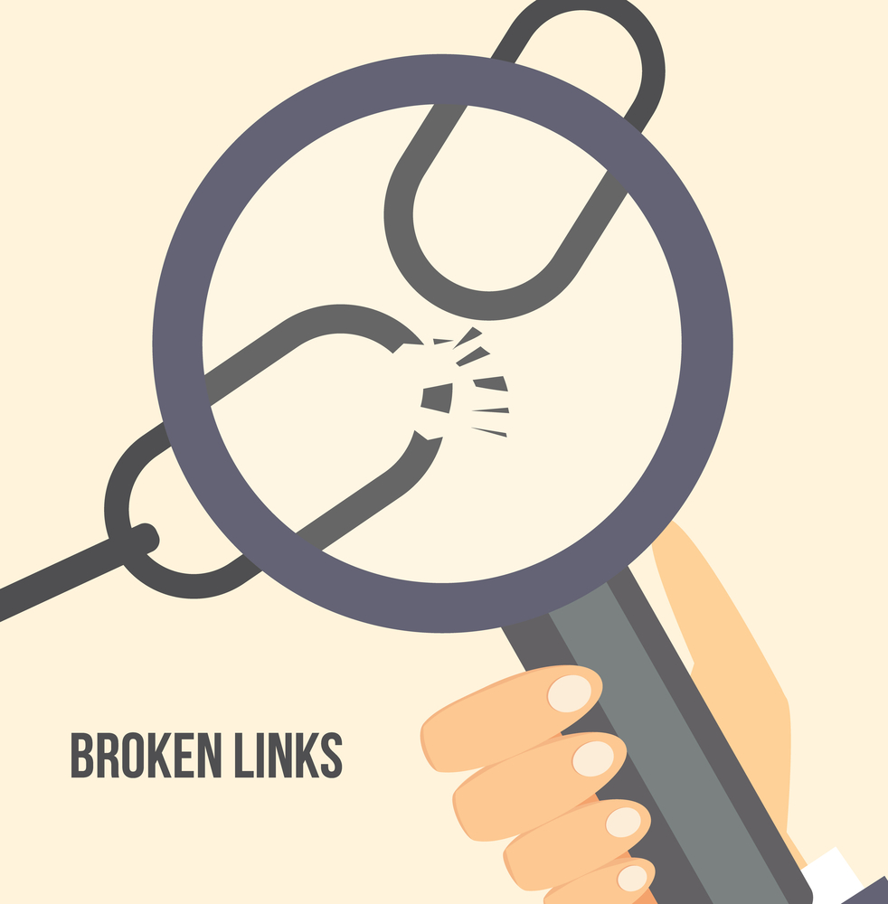 A hand holds a magnifying glass over a chain with a broken link, symbolising the concept of broken links. The words BROKEN LINKS appear in bold text at the bottom left.