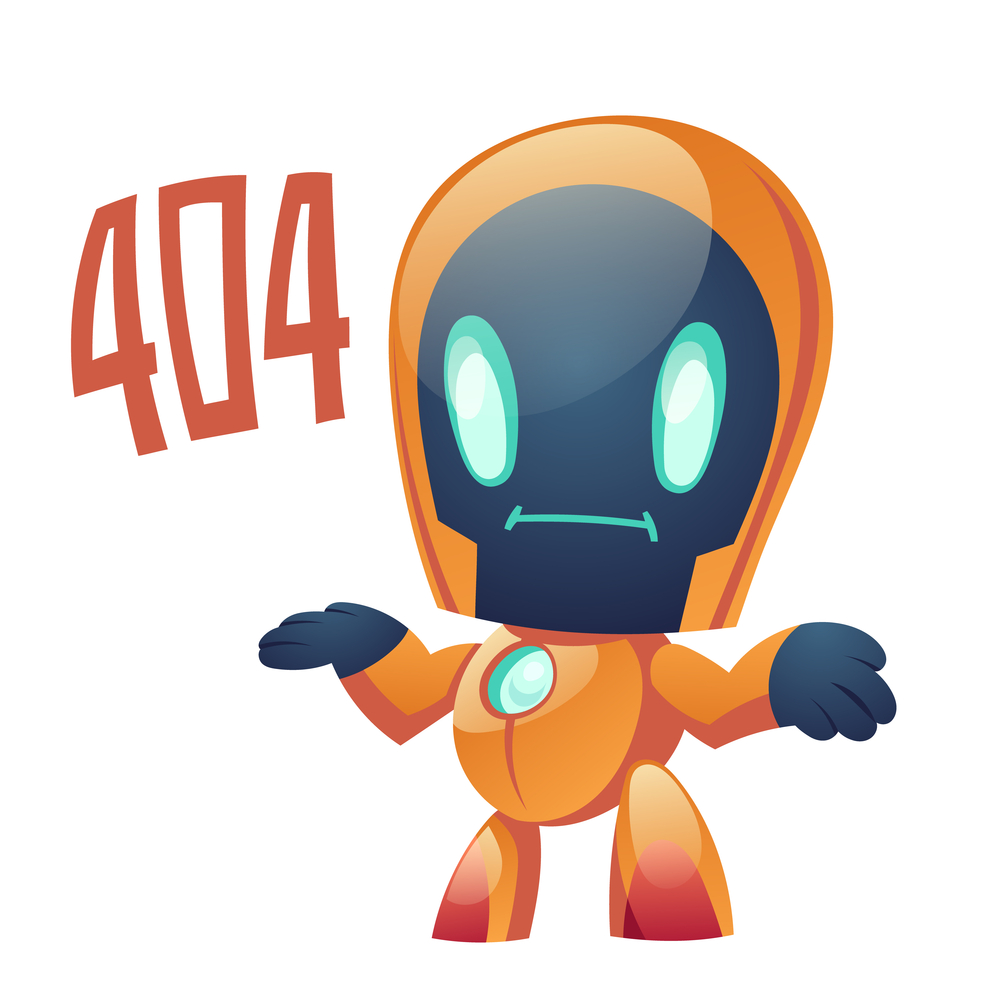 A cute, orange cartoon robot with a sad expression stands next to large red 404 text, indicating an error or missing page. The background is white.