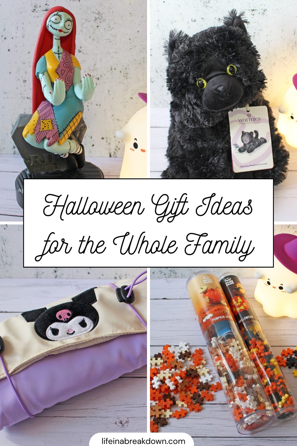 A collage with Halloween gift ideas: a Sally figurine from The Nightmare Before Christmas with two ghost lights, a plush black cat, a purple and cream bag with a pig face, and two Plus-Plus puzzle tubes. Text reads: Halloween Gift Ideas for the Whole Family.