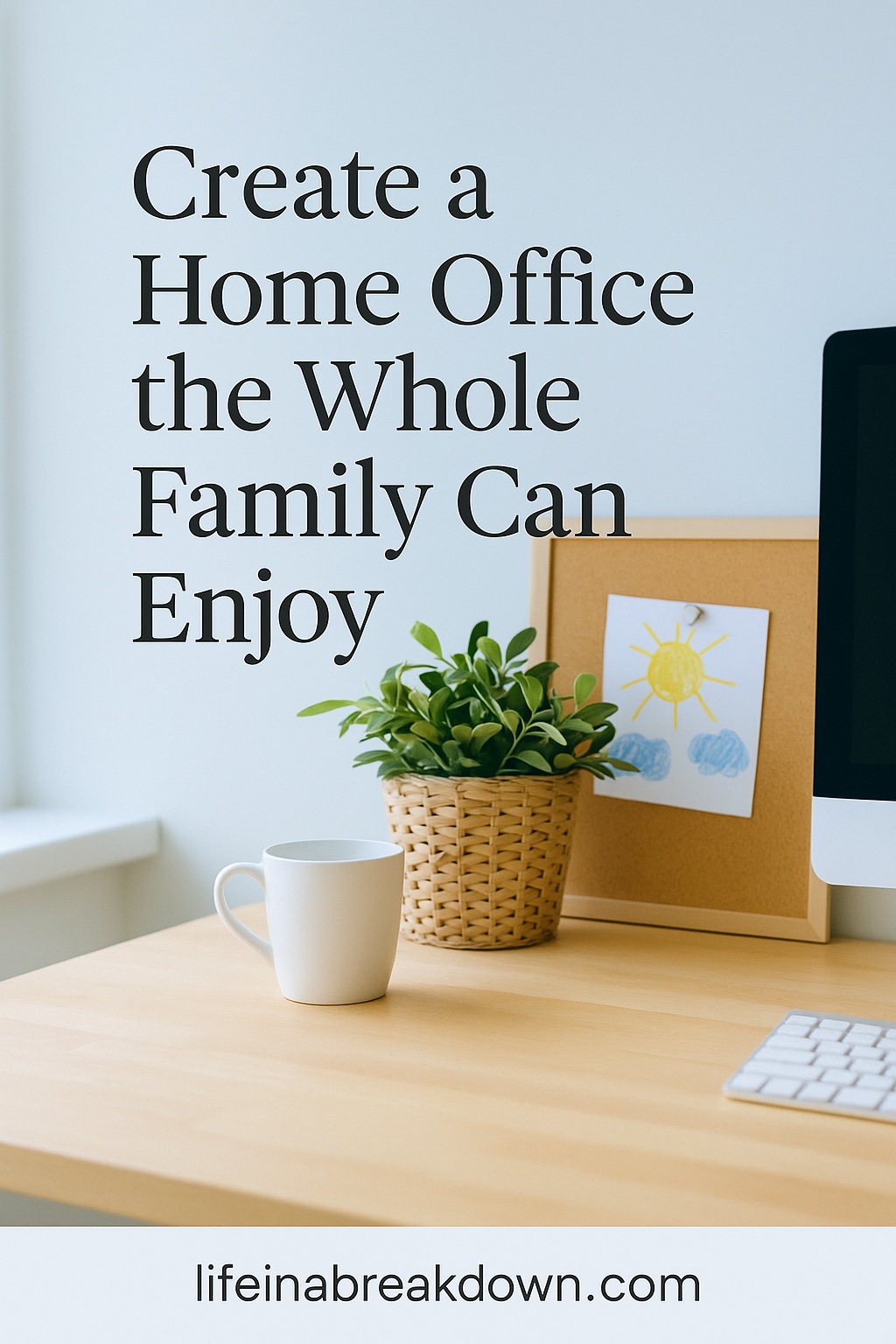 A desk with a white mug, a potted plant, and a child's drawing in a frame beside a computer monitor. Text reads: Create a Home Office the Whole Family Can Enjoy. lifeinabreakdown.com.