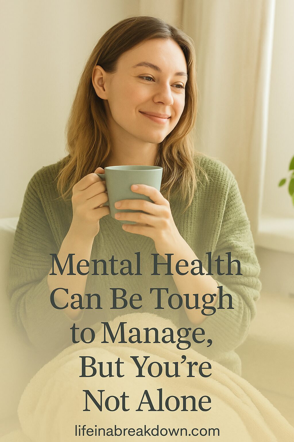 A smiling woman in a green jumper holds a mug, sitting comfortably with a blanket. Overlaid text reads: Mental Health Can Be Tough to Manage, But You’re Not Alone. lifeinabreakdown.com.