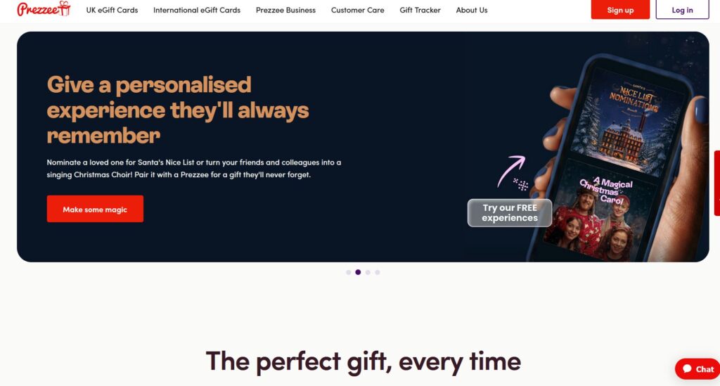 A website homepage for Prezzee, featuring a mobile displaying a magical experience card and the text, Give a personalised experience they'll always remember, plus Christmas Gift Guide highlights on a dark background with buttons for more information and signing up.