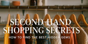 A row of colourful second-hand clothes on wooden hangers hangs on a rail in a cosy shop. Text over the image reads: Second-Hand Shopping Secrets: How to Find the Best Hidden Gems.