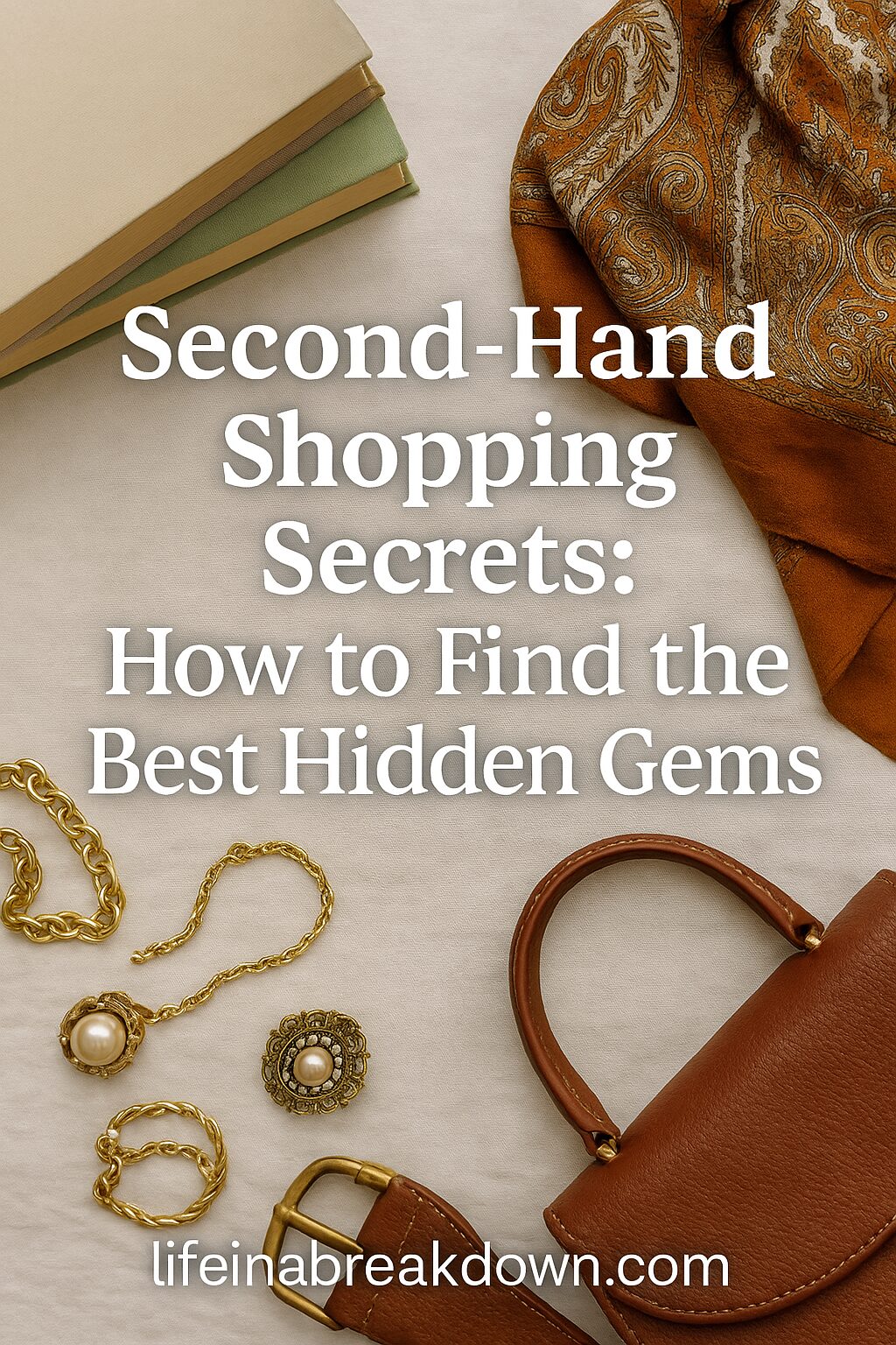 A flat lay of second-hand accessories including gold jewellery, a brown leather handbag, a patterned scarf, and a closed book, with the text: Second-Hand Shopping Secrets: How to Find the Best Hidden Gems and lifeinabreakdown.com.