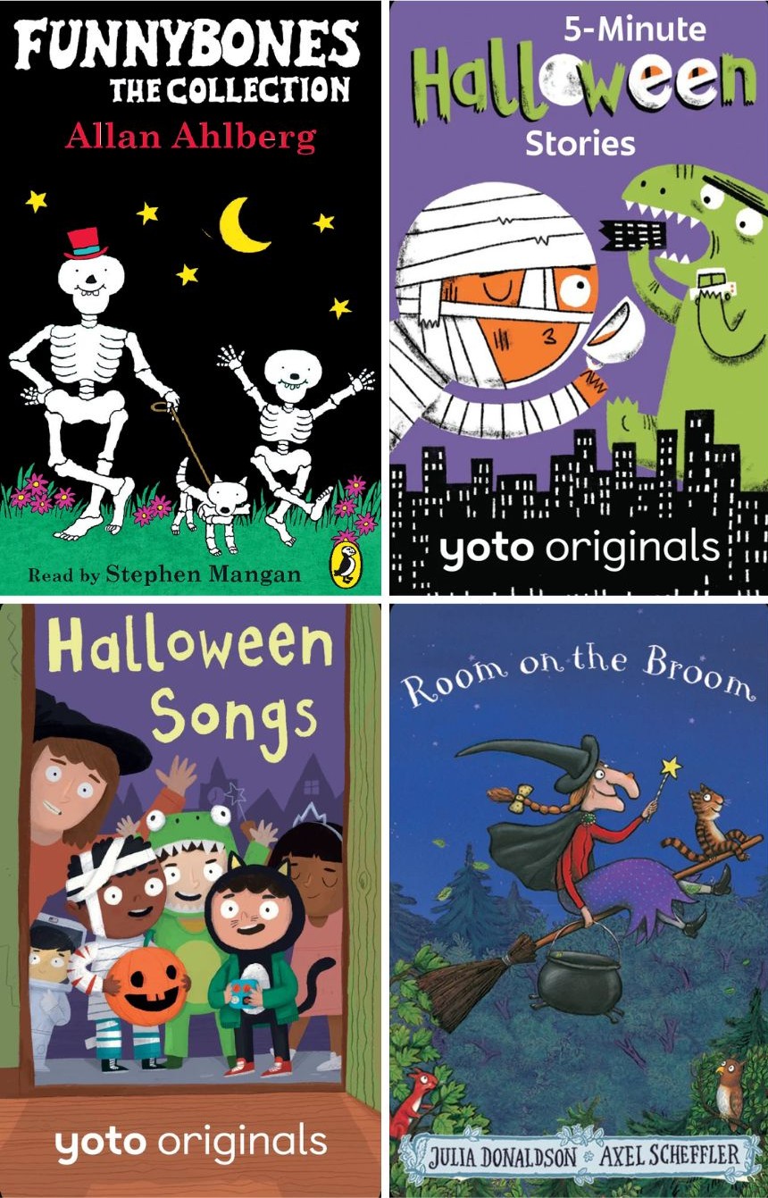 A collage of four children's Hallowe'en-themed book covers, featuring skeletons, a mummy with a dinosaur, kids in fancy dress, and a witch flying on a broomstick with a cat against a night sky.