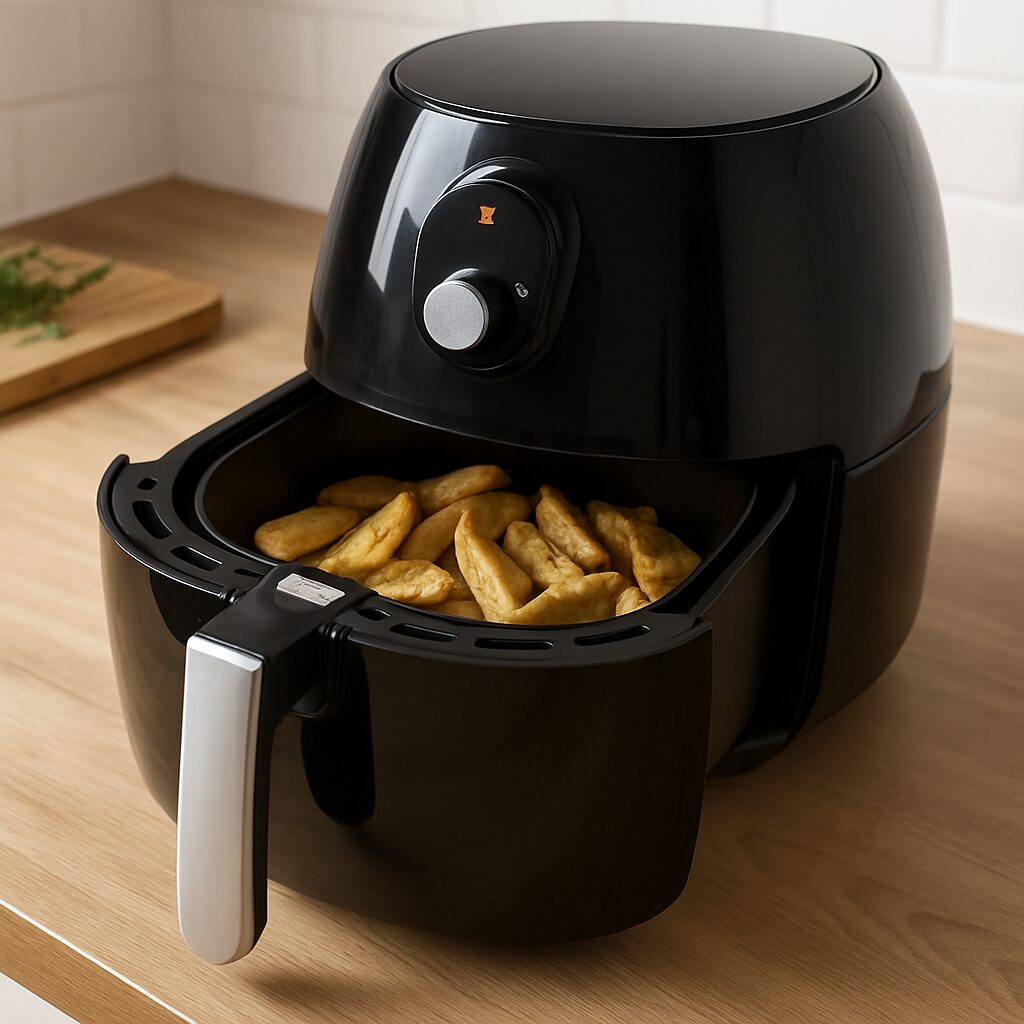 A black air fryer with a silver handle sits on a wooden worktop. The fryer’s basket is open, revealing golden potato wedges inside. A chopping board with herbs is visible in the background.