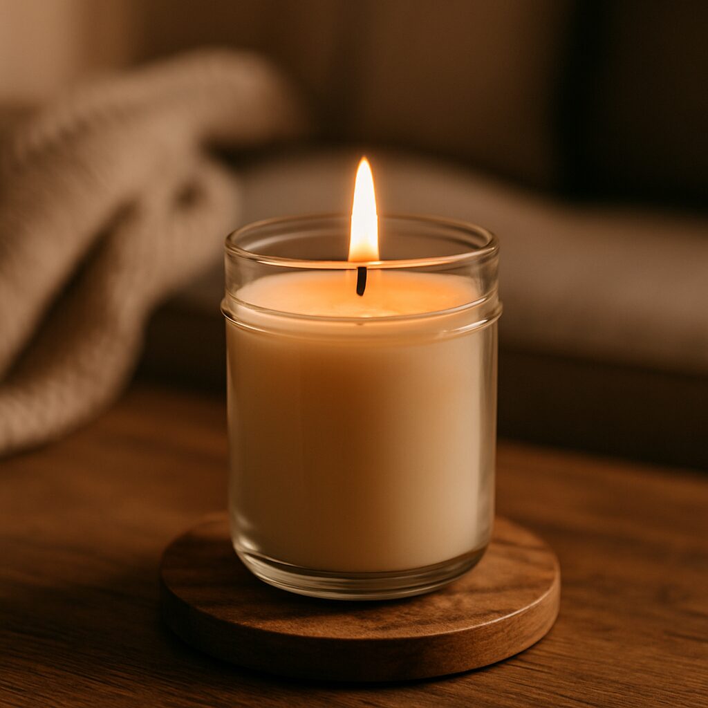 A lit candle in a glass jar sits on a wooden coaster atop a wooden surface, with a soft, blurred blanket and sofa in the background, creating a warm and cosy atmosphere.