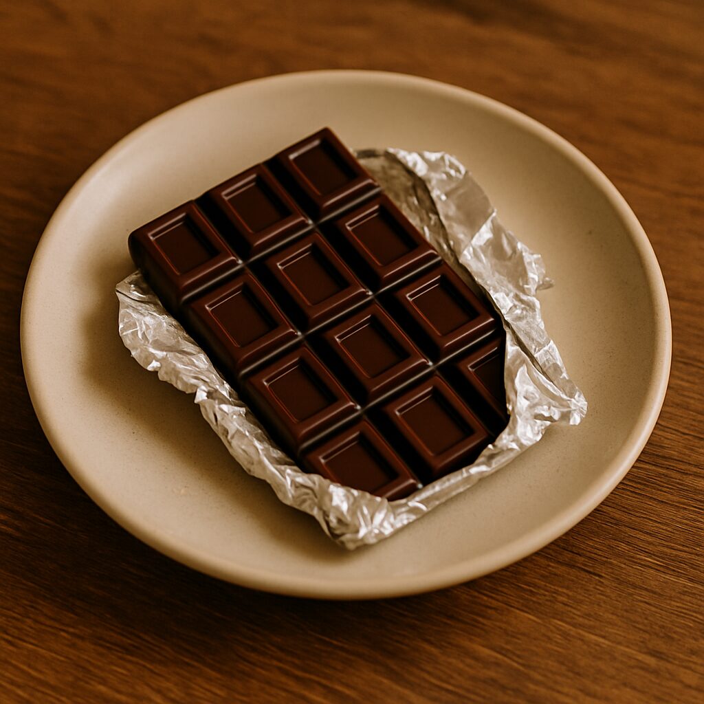 A bar of dark chocolate partially wrapped in silver foil sits on a beige plate placed on a wooden surface.