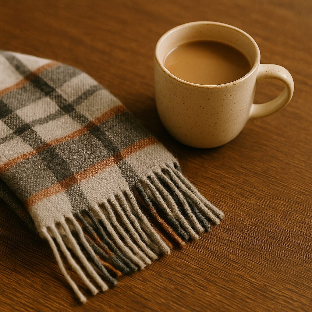 A beige mug filled with coffee sits on a wooden table next to a folded, fringed checked scarf in shades of grey, brown, and cream.