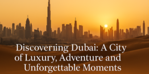 A golden sunset over Dubai’s skyline with the Burj Khalifa in view, set behind sand dunes, and the text: “Discovering Dubai: A City of Luxury, Adventure and Unforgettable Moments”.