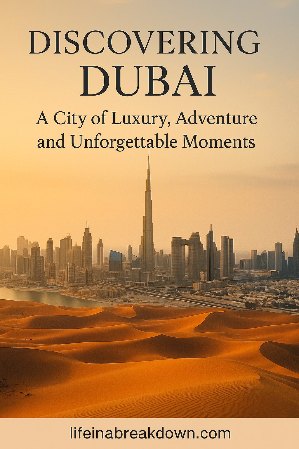 Dubai skyline with the Burj Khalifa at sunrise behind sand dunes, and text that reads: Discovering Dubai—A City of Luxury, Adventure and Unforgettable Moments. lifeinabreakdown.com.