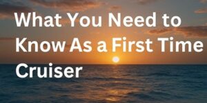 Text What You Need to Know As a First Time Cruiser appears over an ocean sunset, with calm waves and a partly cloudy sky.