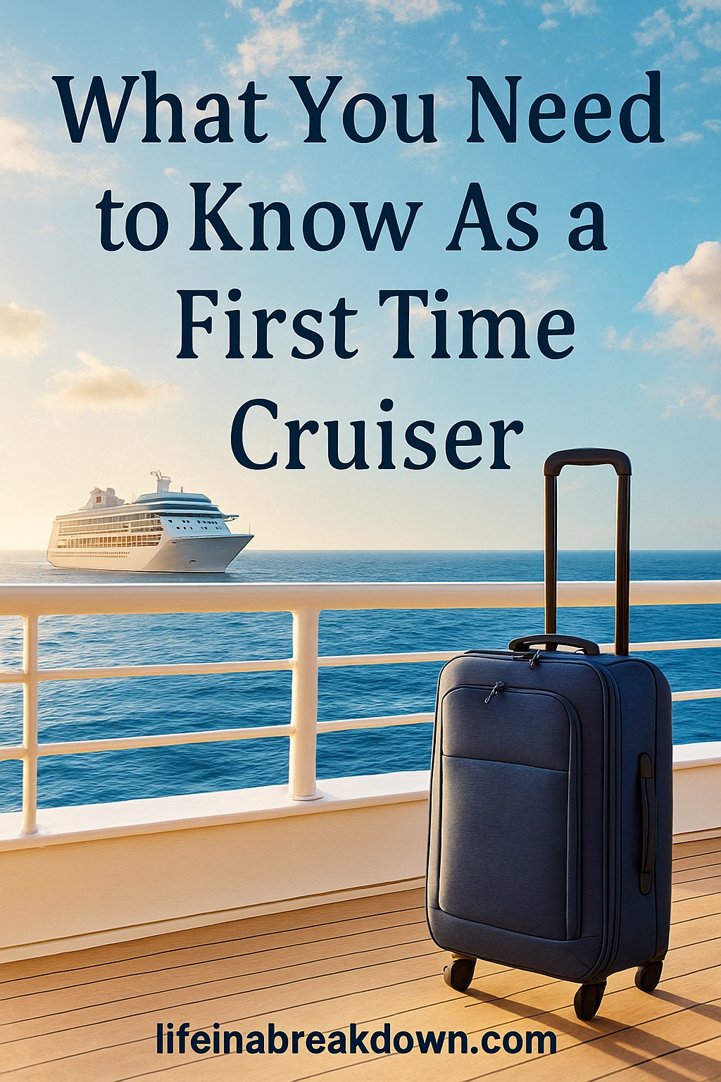 A cruise ship sails on the ocean near a deck with a suitcase, under text that reads, What You Need to Know As a First Time Cruiser. The website lifeinabreakdown.com is at the bottom.