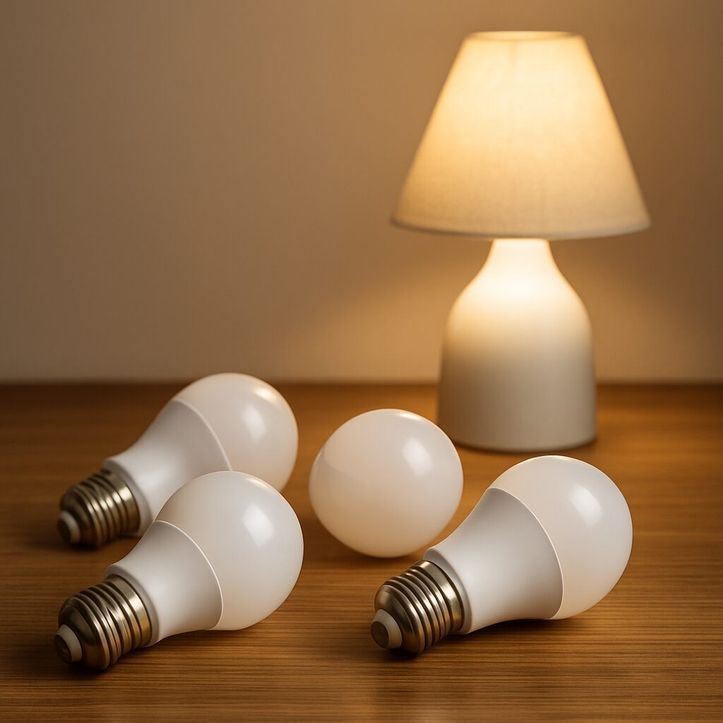 Four LED light bulbs lie on a wooden table in front of a lit table lamp with a beige shade, casting a warm glow. The scene has a cosy and inviting atmosphere.