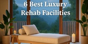 A modern lounger with candles and potted plants sits in a peaceful room with large windows overlooking trees and mountains. Text reads: 6 Best Luxury Rehab Facilities.