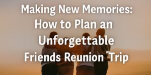 Four people stand together with arms around each other, facing a sunset. Overlaid text reads: Making New Memories: How to Plan an Unforgettable Friends' Reunion Trip.