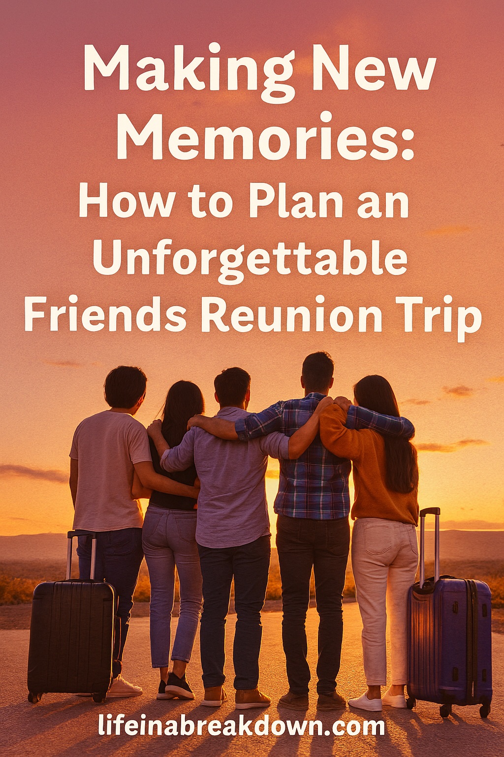 Four friends stand with arms round each other, facing a sunset with luggage beside them. Text reads: “Making New Memories: How to Plan an Unforgettable Friends’ Reunion Trip.” Website lifeinabreakdown.com at the bottom.