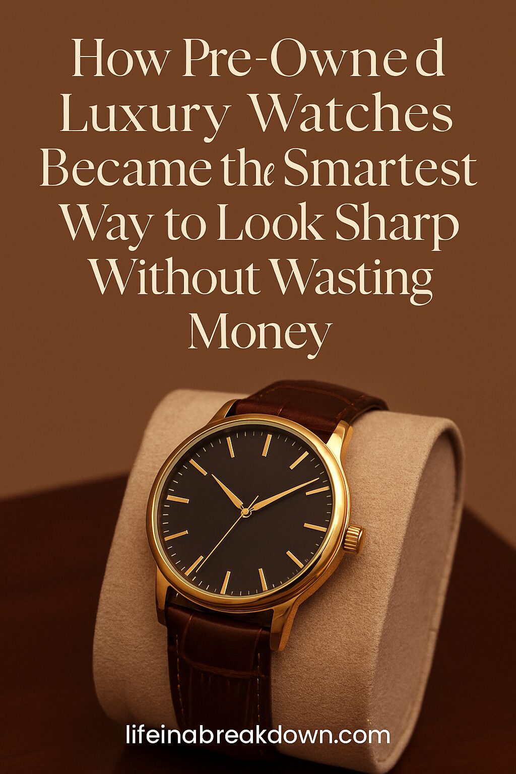 A gold luxury wristwatch with a brown leather strap displayed on a beige cushion. Text above reads: How Pre-Owned Luxury Watches Became the Smartest Way to Look Sharp Without Wasting Money. Website: lifeinabreakdown.com.