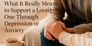 Two people sit close together on a sofa, one holding the other's hand in comfort. A cup of coffee sits in the foreground. Text reads: What It Really Means to Support a Loved One Through Depression or Anxiety.