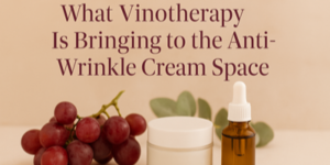 A bunch of red grapes, a white cosmetic jar, and an amber dropper bottle sit in front of a beige background with the text: What Vinotherapy Is Bringing to the Anti-Wrinkle Cream Space.