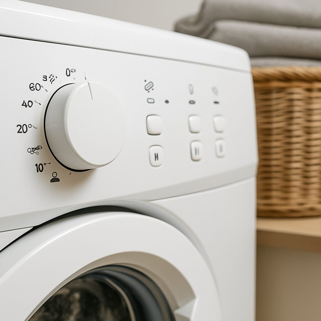 Close-up of a white washing machine with a temperature control dial and buttons. In the background, there is a wicker basket with folded grey towels placed on a shelf.