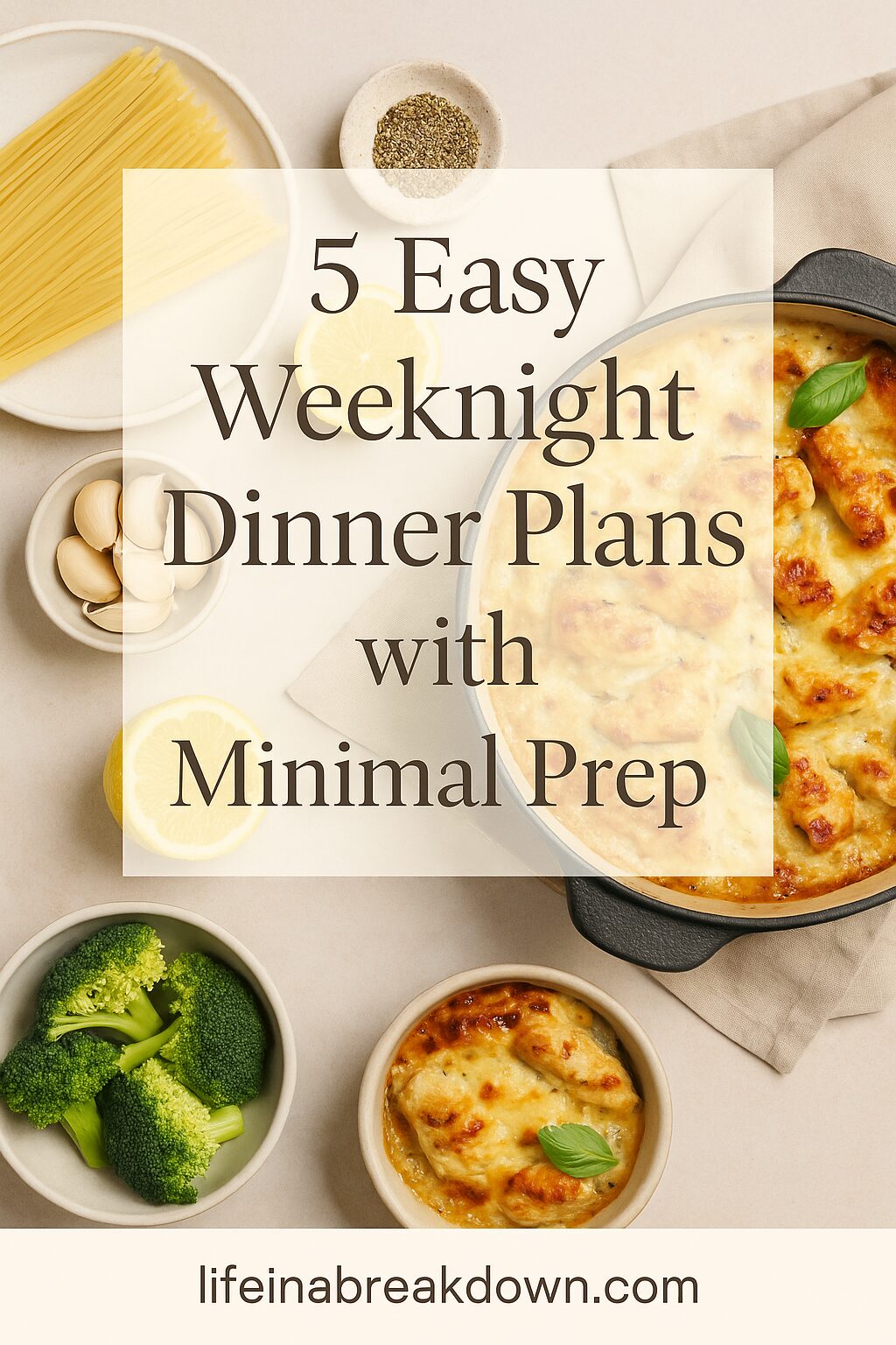 Overhead view of a baked pasta dish, bowls of uncooked spaghetti, broccoli, garlic, and pepper, with text overlay: 5 Easy Weeknight Dinner Plans with Minimal Prep, lifeinabreakdown.com.